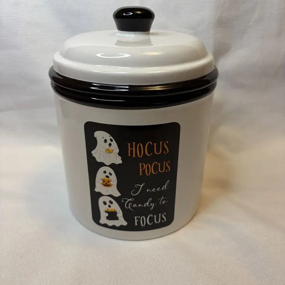 Halloween Hocus Pocus Ceramic Candy Canister & Lid 7.5” Ghosts Treats   Ashland